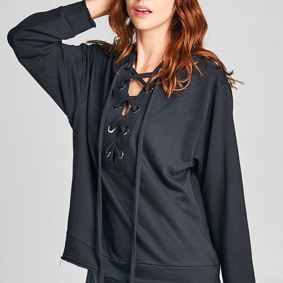 LACE UP SWEATSHIRT in BLACK - Picture 2 of 4